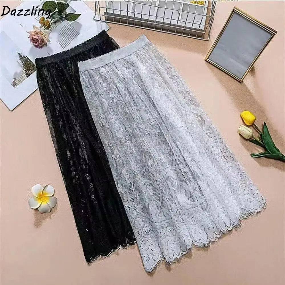Women's Midi Skirt Ice Silk Mesh Lace Floral High Waist Elastic A-Line