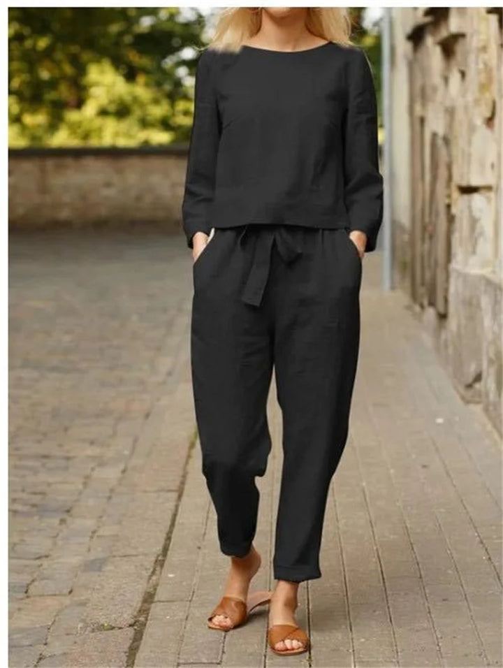 Women's Two Piece Set Fit Long Sleeve Crew Neck Top Cargo Pants Ankle Length