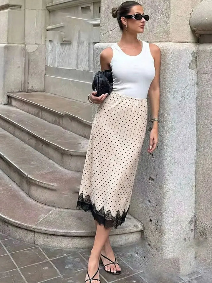 Women's Midi Skirt Satin Polka Dot Lace High Waist Straight Fit