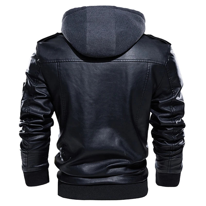 Men's PU Leather Bomber Jacket with Hood, Zip-Up, Long Sleeve, Casual Motorcycle Style