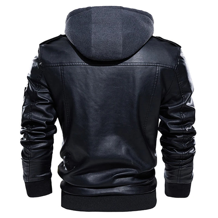 Men's PU Leather Bomber Jacket with Hood, Zip-Up, Long Sleeve, Casual Motorcycle Style