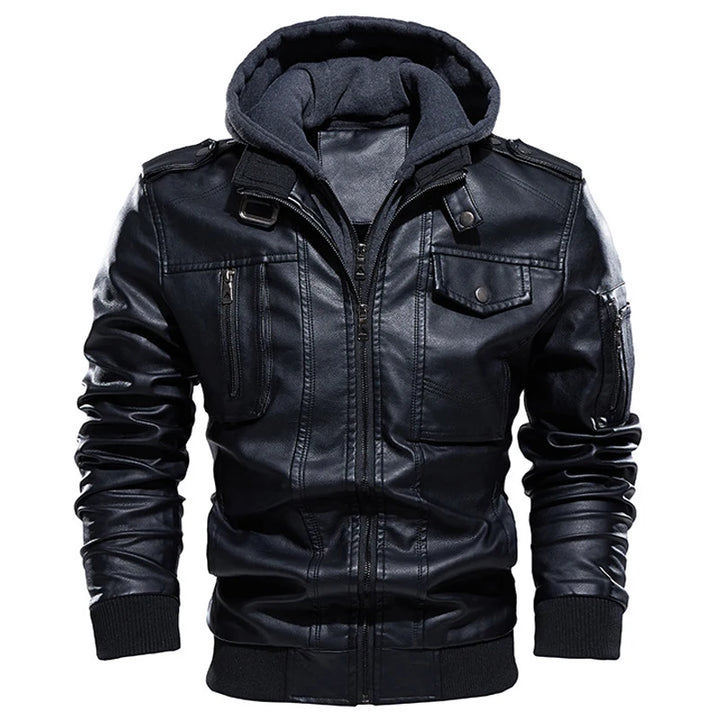 Men's PU Leather Bomber Jacket with Hood, Zip-Up, Long Sleeve, Casual Motorcycle Style