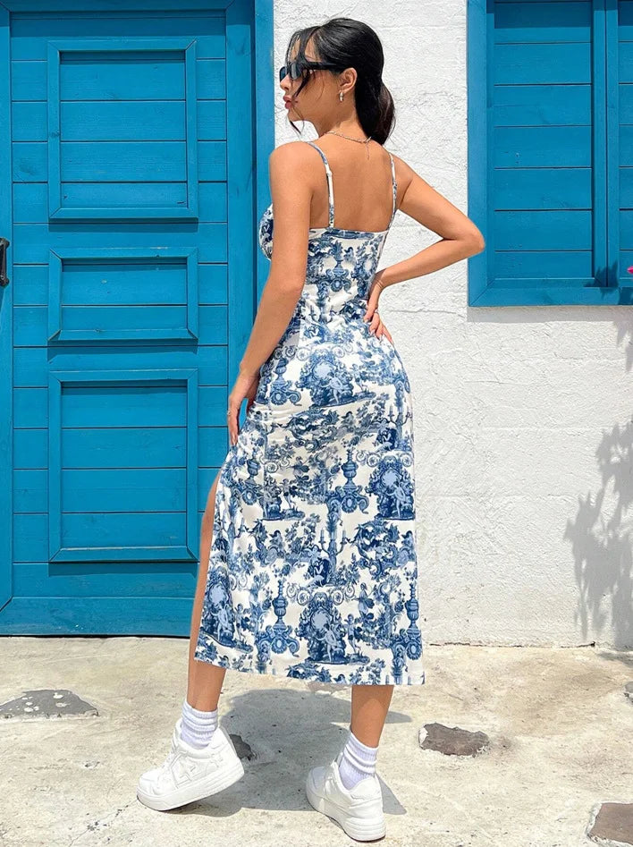 Women's Maxi Dress Leopard Print Strapless Wrap High Slit Slim Fit Zip Closure