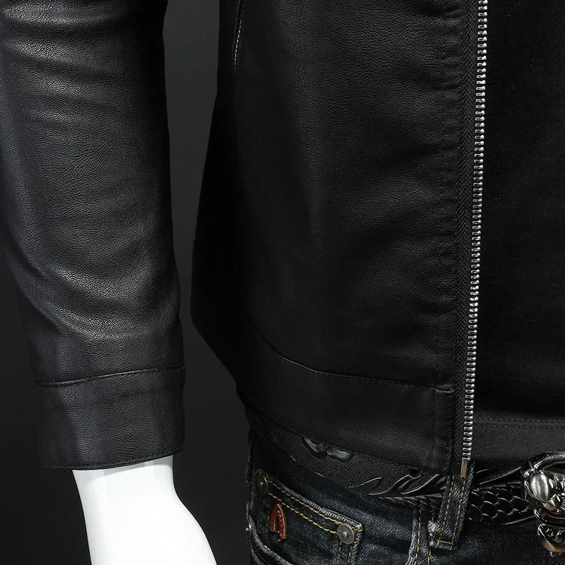 Men's Leather Slim Fit Zip-Up Long Sleeve Stand Collar Casual Motorcycle Jacket