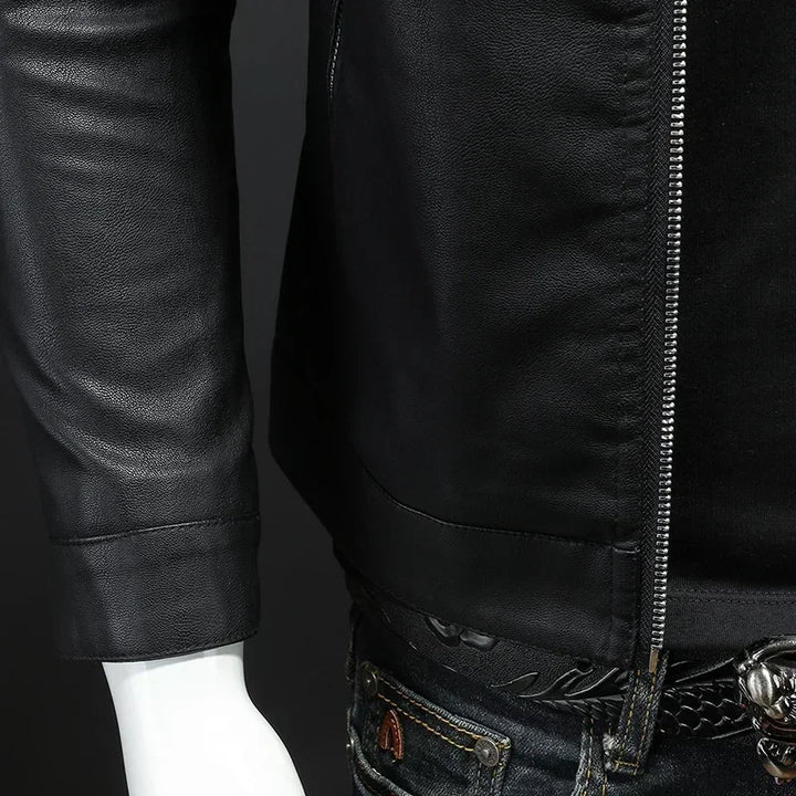 Men's Leather Slim Fit Zip-Up Long Sleeve Stand Collar Casual Motorcycle Jacket