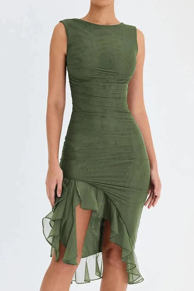 Women's Bodycon Midi Dress Mesh Asymmetrical Ruffle Boat Neck Fitted