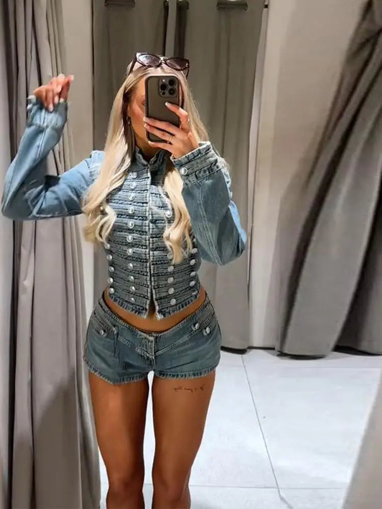 Women's Denim Jacket Slim Fit Button-Up Cropped Long Sleeve and Shorts set