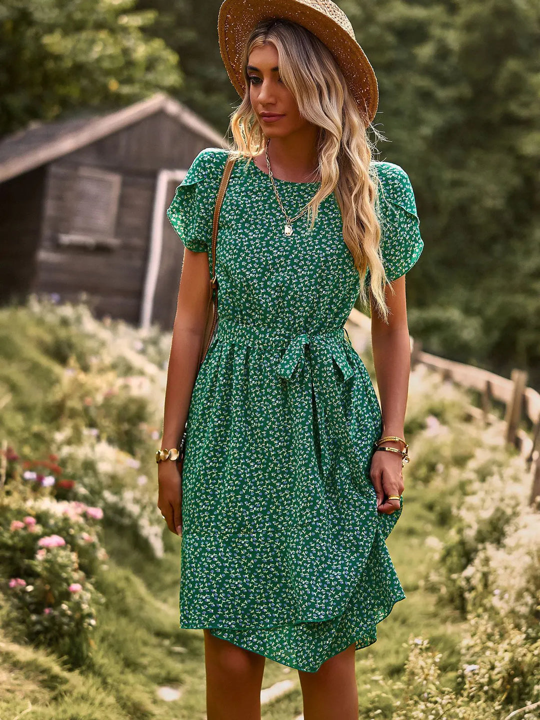 Women's Midi Dress Floral Print Sleeveless Round Neck High Waist Pleated A-Line Pullover