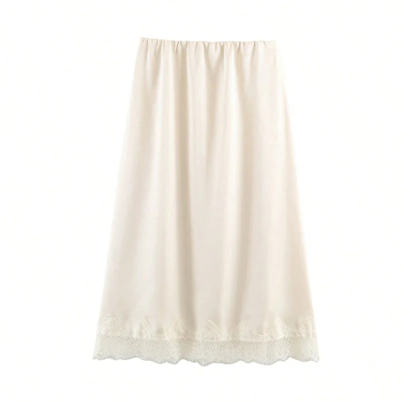 Women's Midi Skirt Satin Polka Dot Lace High Waist Straight Fit