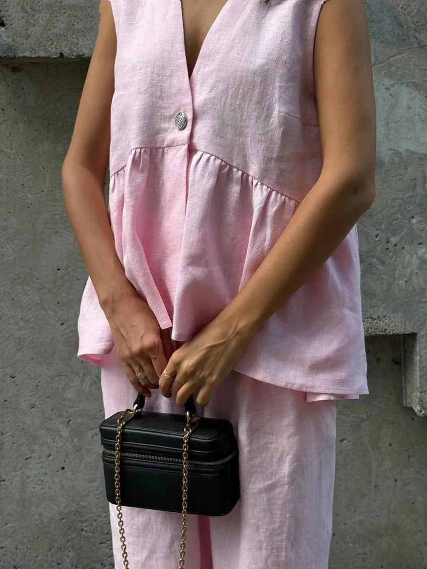 Women's Two Piece Set Sleeveless Relaxed Fit V-Neck Top Wide Leg Pants