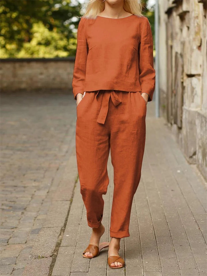 Women's Two Piece Set Fit Long Sleeve Crew Neck Top Cargo Pants Ankle Length