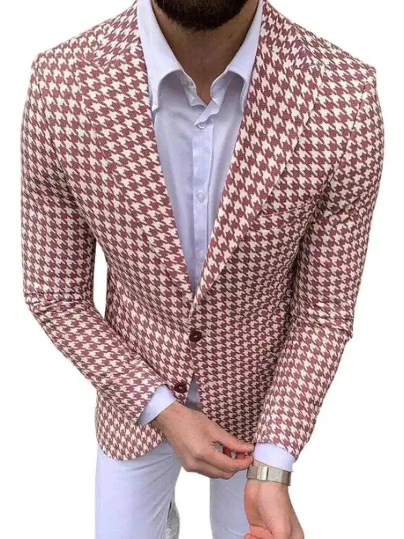 Men's Blazer Houndstooth Check Slim Fit Peak Lapel Button Closure Long Sleeve Formal Casual