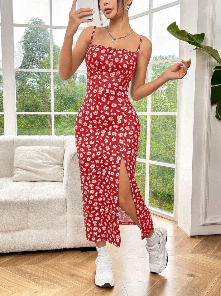 Women's Maxi Dress Leopard Print Strapless Wrap High Slit Slim Fit Zip Closure