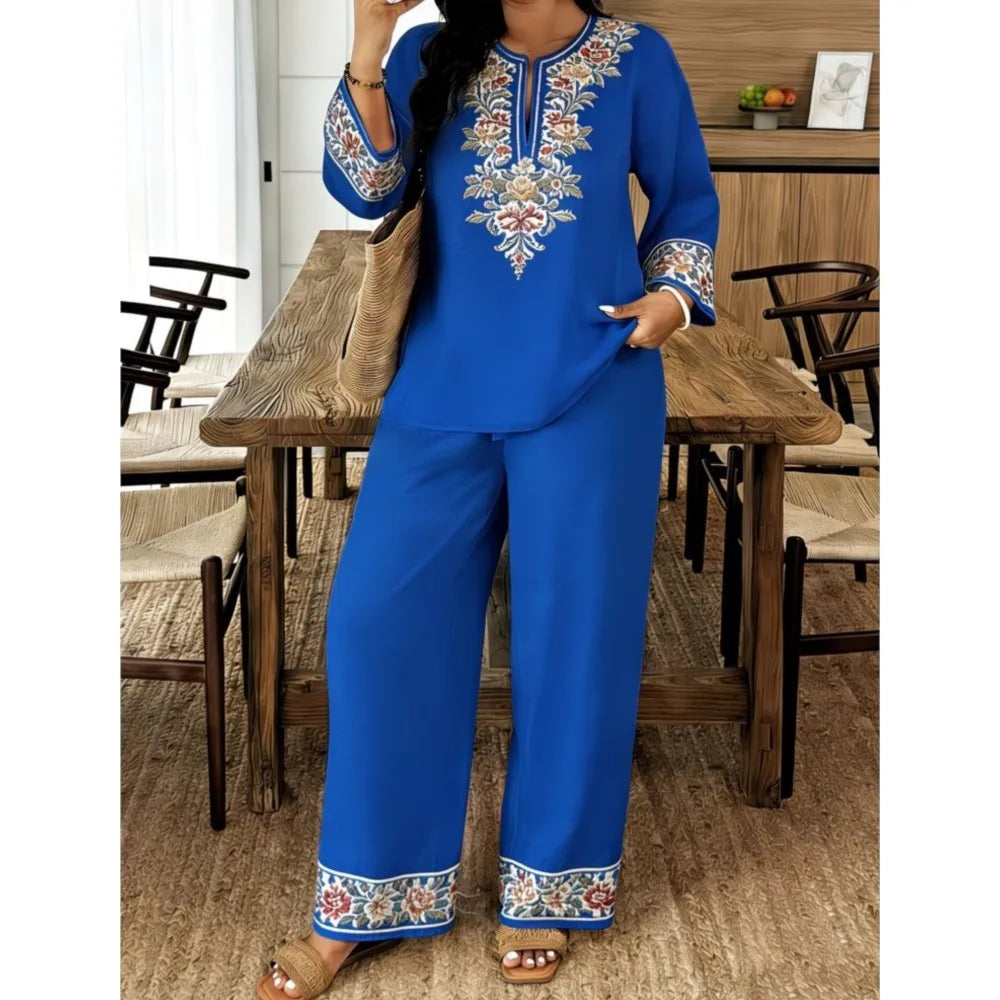Women's Two Piece Set Embroidered Fit Long Sleeve V-Neck Top Wide Leg Pants