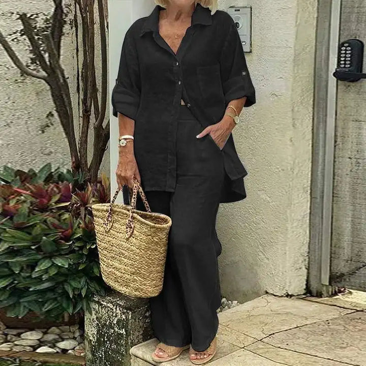 Women's Two Piece Set Fit Button-Up Long Sleeve Shirt Wide Leg Pants