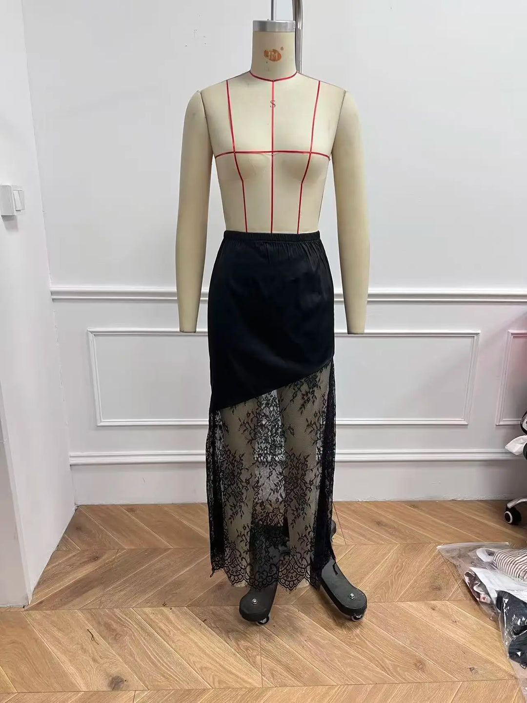 Women's Midi Skirt Lace Trim High Waist A-Line Elastic Waist