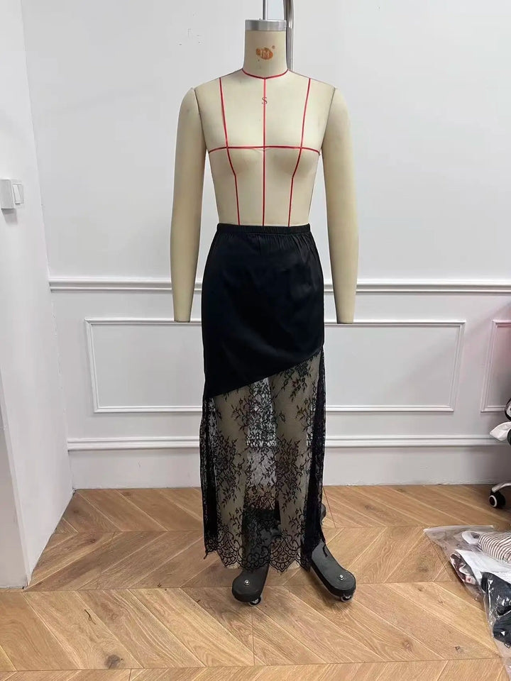 Women's Midi Skirt Lace Trim High Waist A-Line Elastic Waist