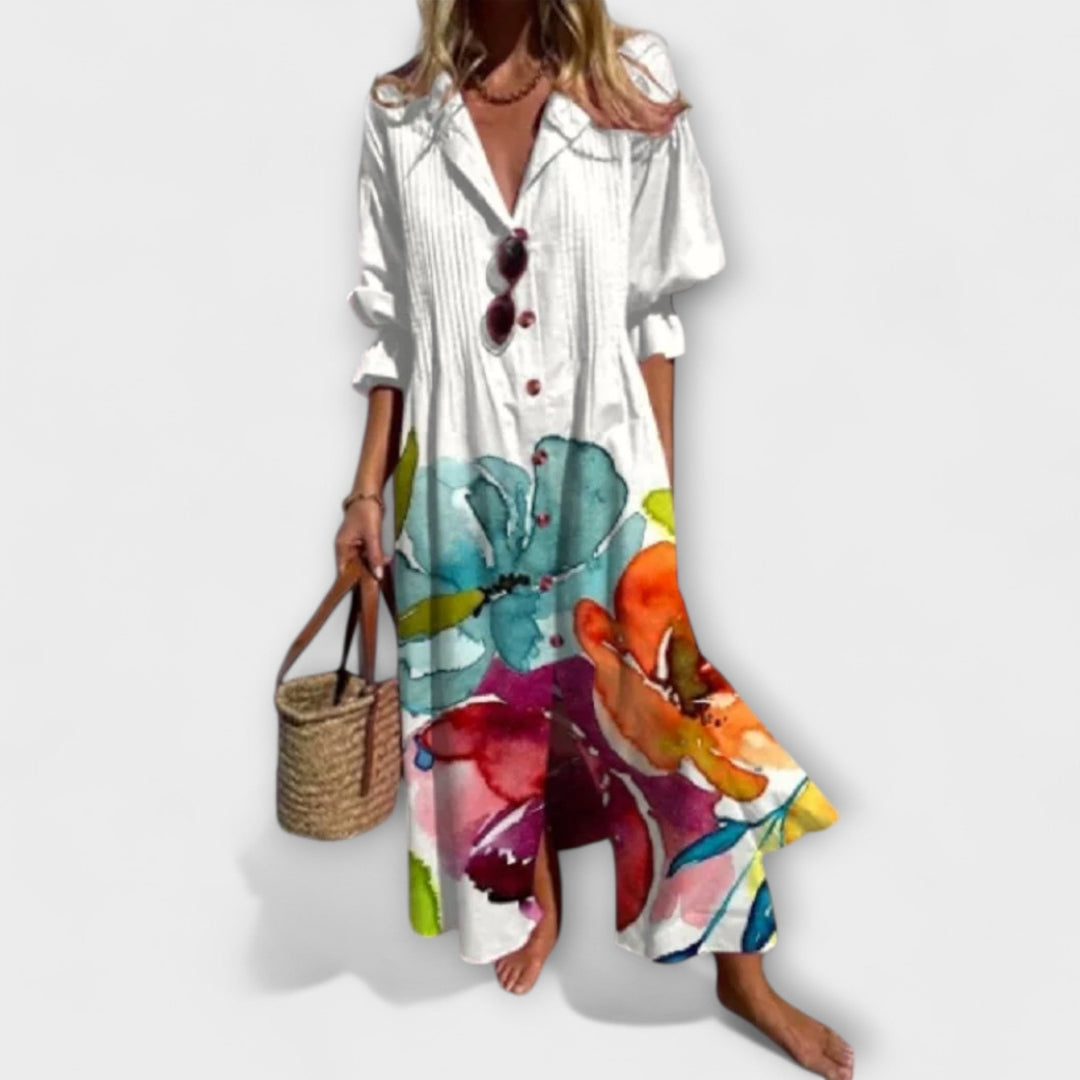 Women's Floral V-Neck Long Sleeve Button Dress – Casual Beach