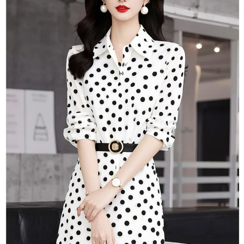 Women's Midi Dress Polka Dot 3/4 Sleeve Turn-Down Collar Belted Waist Shirt Dress
