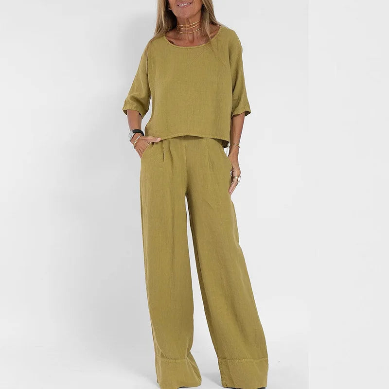 Women's Two Piece Set Fit Short Sleeve Crew Neck Top Wide Leg Pants
