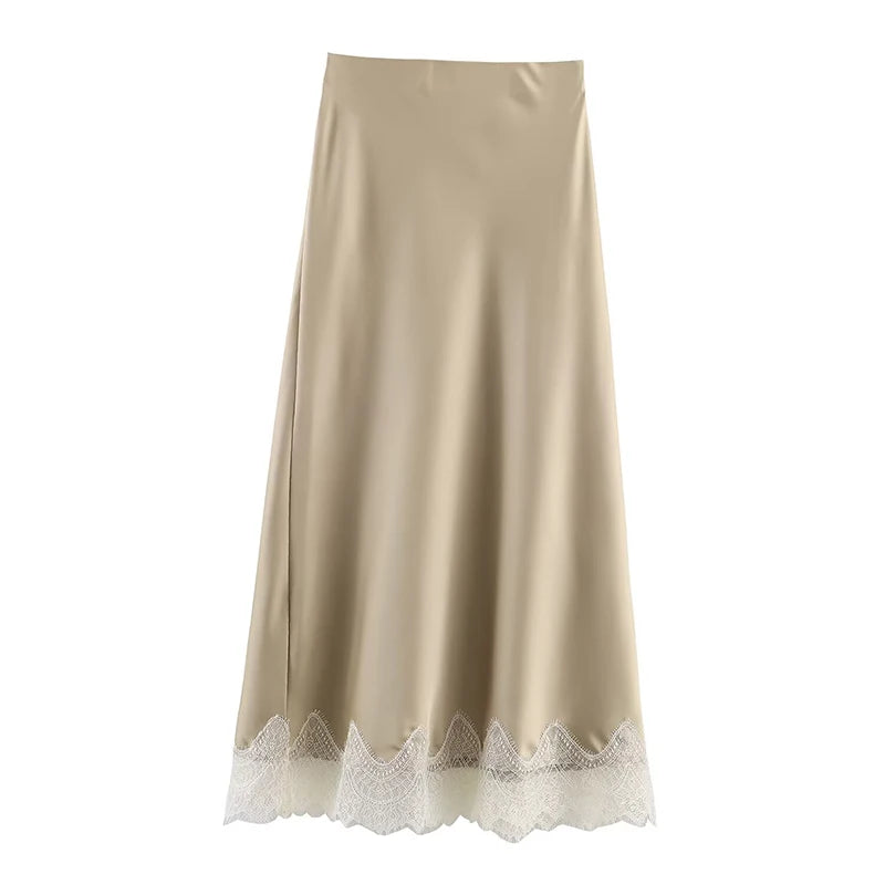 Women's Midi Skirt High Waist Pleated Lace Hem A-Line Vintage