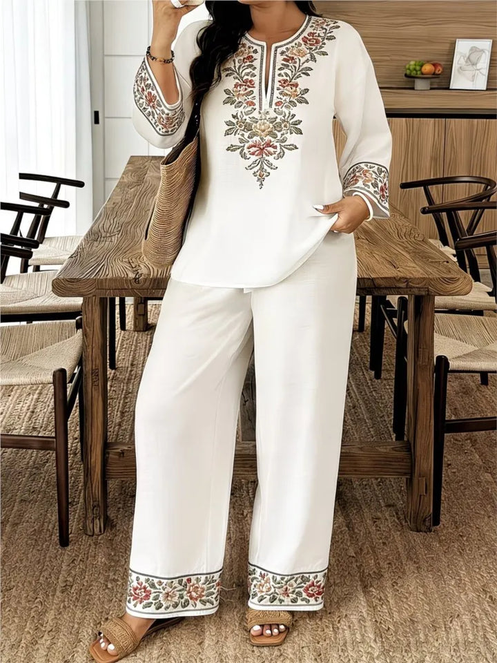 Women's Two Piece Set Embroidered Fit Long Sleeve V-Neck Top Wide Leg Pants