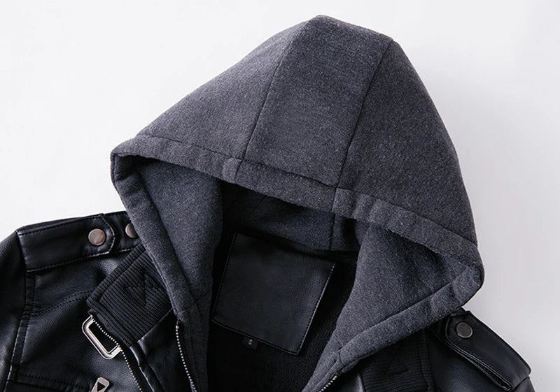 Men's PU Leather Bomber Jacket with Hood, Zip-Up, Long Sleeve, Casual Motorcycle Style