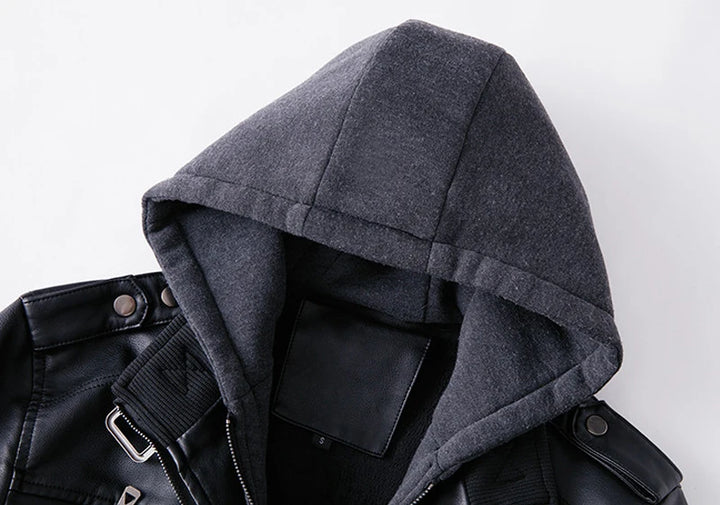 Men's PU Leather Bomber Jacket with Hood, Zip-Up, Long Sleeve, Casual Motorcycle Style