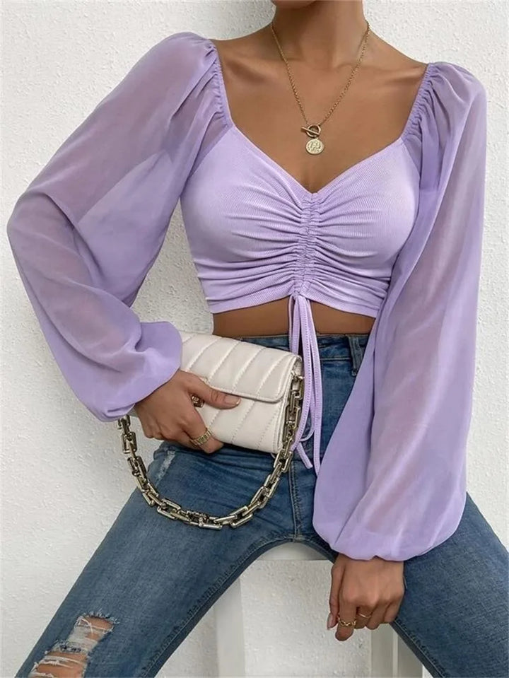 Women's Crop Top Ruched Slim Fit Long Sleeve Sheer Sleeve Drawstring Front
