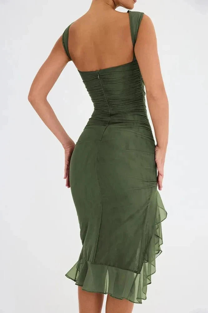 Women's Bodycon Midi Dress Mesh Asymmetrical Ruffle Boat Neck Fitted