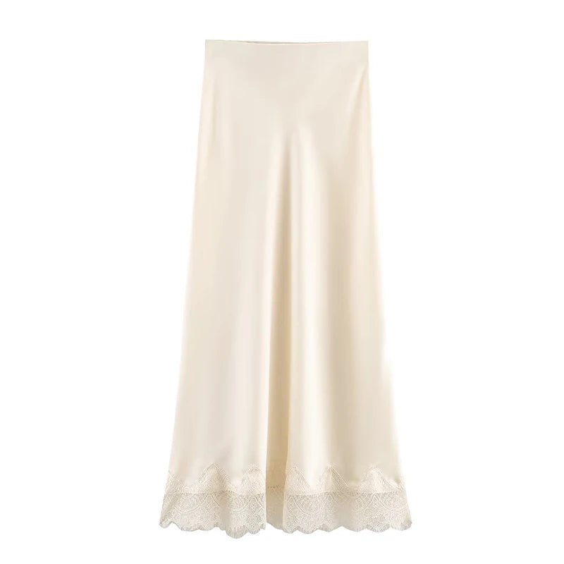 Women's Midi Skirt High Waist Pleated Lace Hem A-Line Vintage