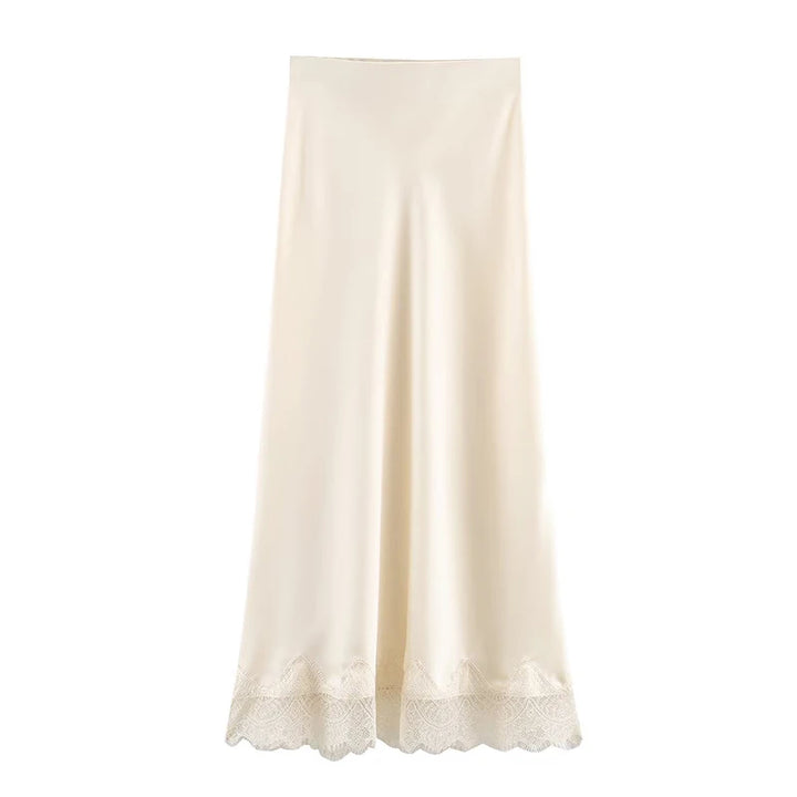 Women's Midi Skirt High Waist Pleated Lace Hem A-Line Vintage