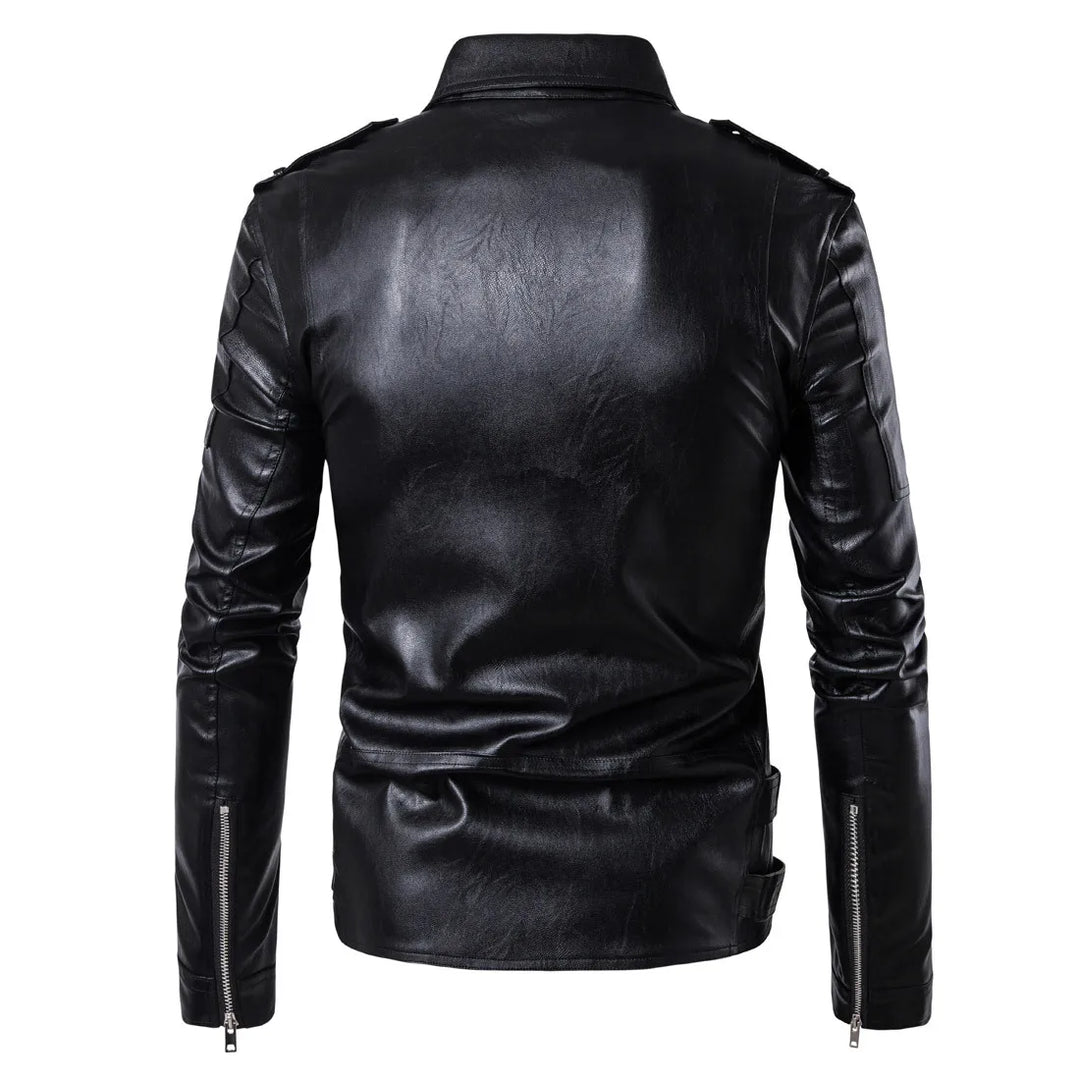 Men's Jacket PU Leather Biker Slim Fit Asymmetrical Zip-Up Long Sleeve