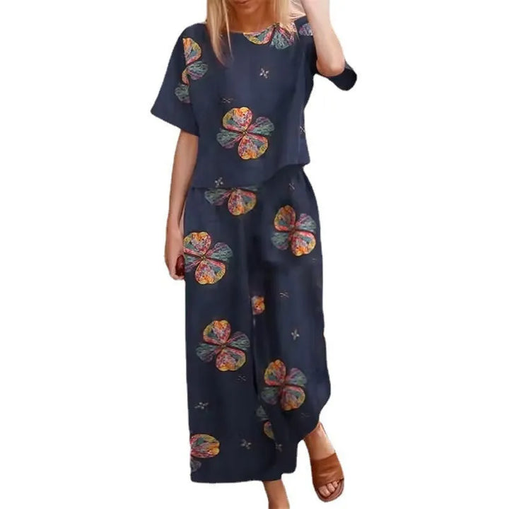Women's Floral Midi Dress Relaxed Fit Short Sleeve Crew Neck