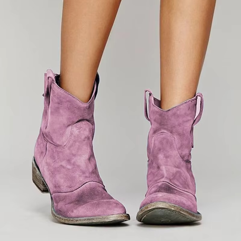 Women's Ankle Boots Western Style Pointed Toe Low Heel Slip-On Casual