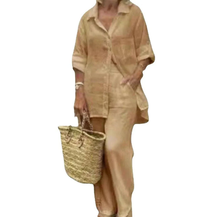Women's Two Piece Set Fit Button-Up Long Sleeve Shirt Wide Leg Pants