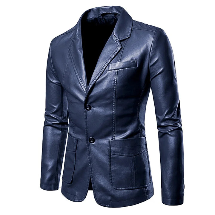 Men's Leather Blazer Slim Fit Button-Up Notch Lapel Long Sleeve – Formal
