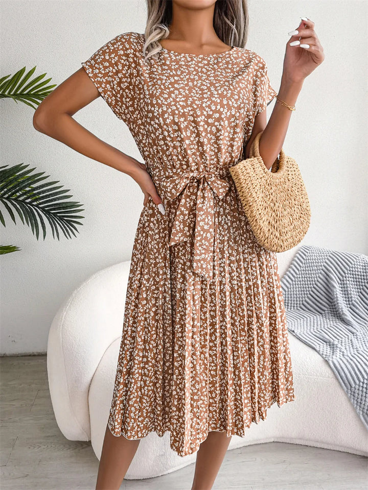 Women's Midi Dress Chiffon Floral Pleated Short Sleeve – Casual Summer