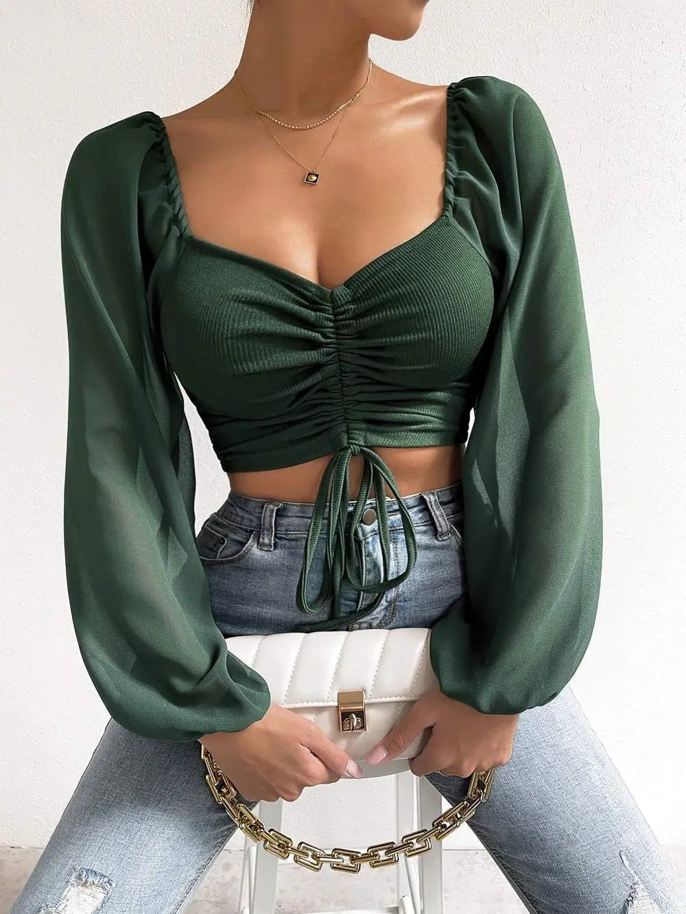 Women's Crop Top Ruched Slim Fit Long Sleeve Sheer Sleeve Drawstring Front