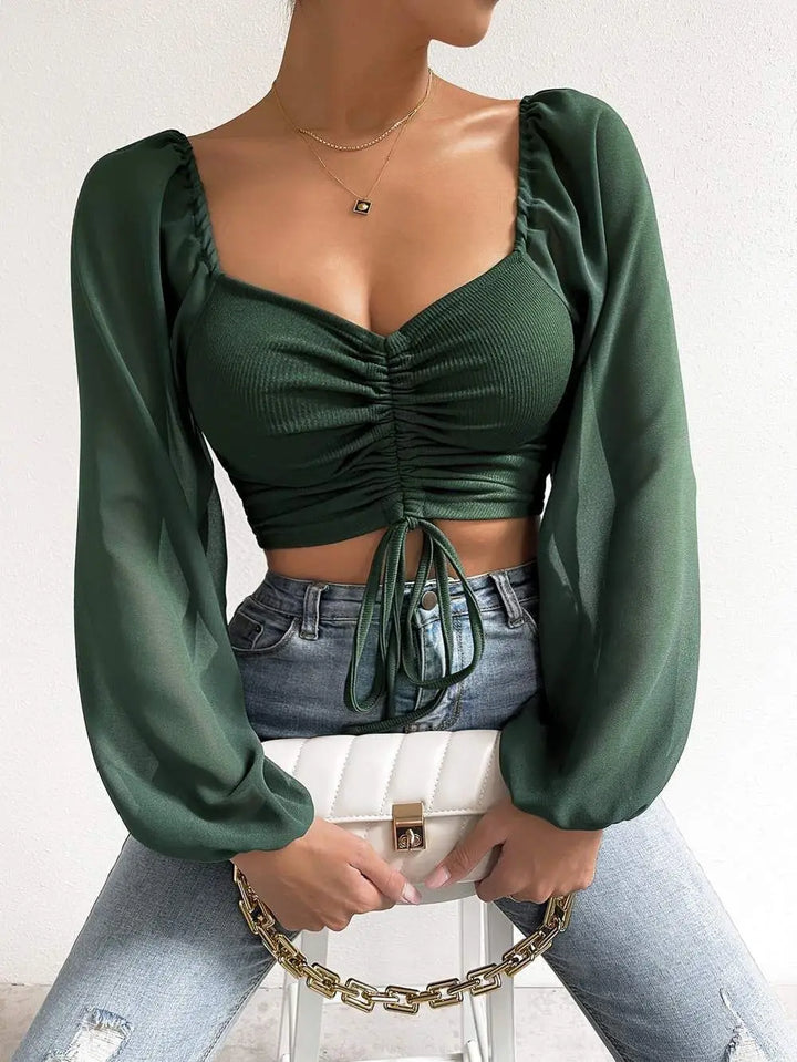 Women's Crop Top Ruched Slim Fit Long Sleeve Sheer Sleeve Drawstring Front