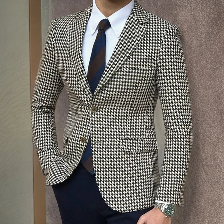Men's Blazer Houndstooth Slim Fit Button Closure Long Sleeve Casual