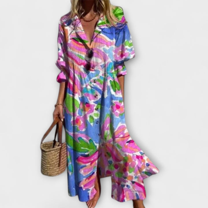 Women's Floral V-Neck Long Sleeve Button Dress – Casual Beach
