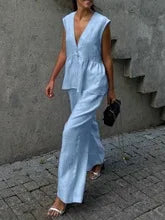Women's Two Piece Set Sleeveless Relaxed Fit V-Neck Top Wide Leg Pants