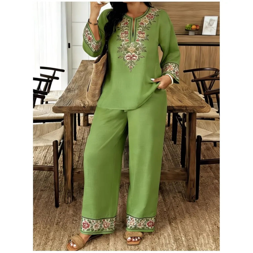 Women's Two Piece Set Embroidered Fit Long Sleeve V-Neck Top Wide Leg Pants