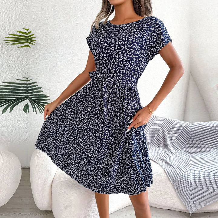 Women's Midi Dress Chiffon Floral Pleated Short Sleeve – Casual Summer