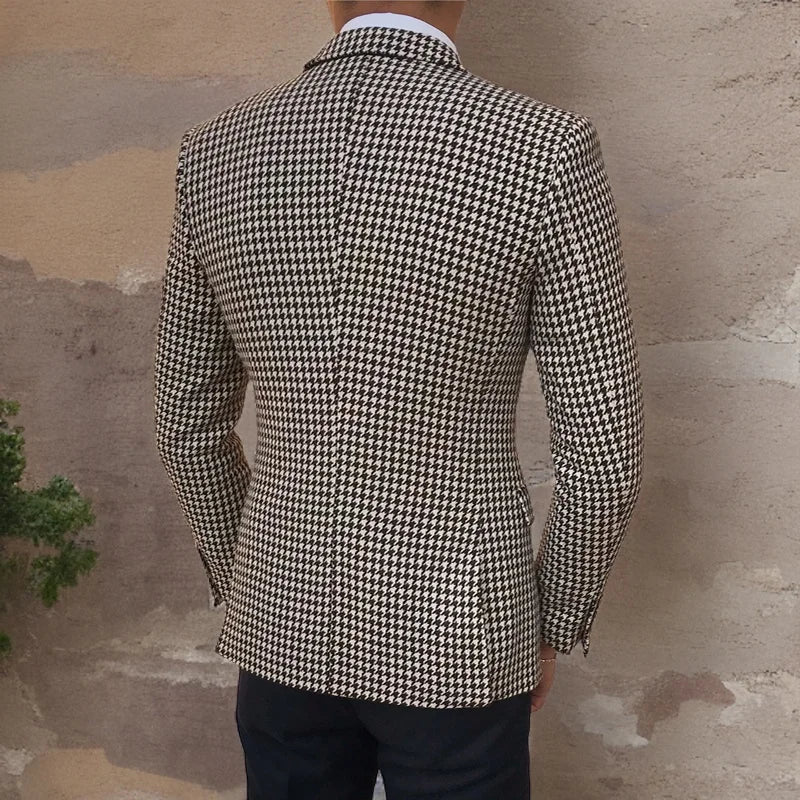 Men's Blazer Houndstooth Slim Fit Button Closure Long Sleeve Casual
