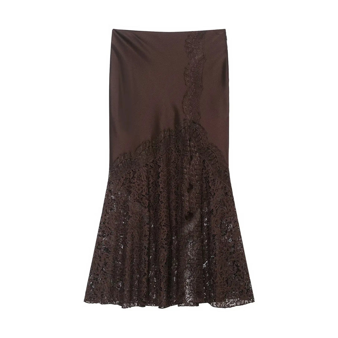 Women's Midi Skirt Satin Lace A-Line High Waist – Casual Summer