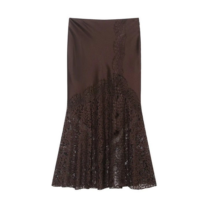 Women's Midi Skirt Satin Lace A-Line High Waist – Casual Summer