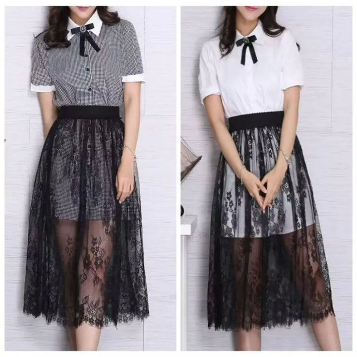 Women's Midi Skirt Ice Silk Mesh Lace Floral High Waist Elastic A-Line