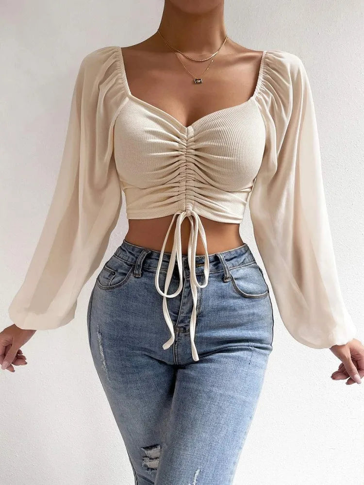 Women's Crop Top Ruched Slim Fit Long Sleeve Sheer Sleeve Drawstring Front